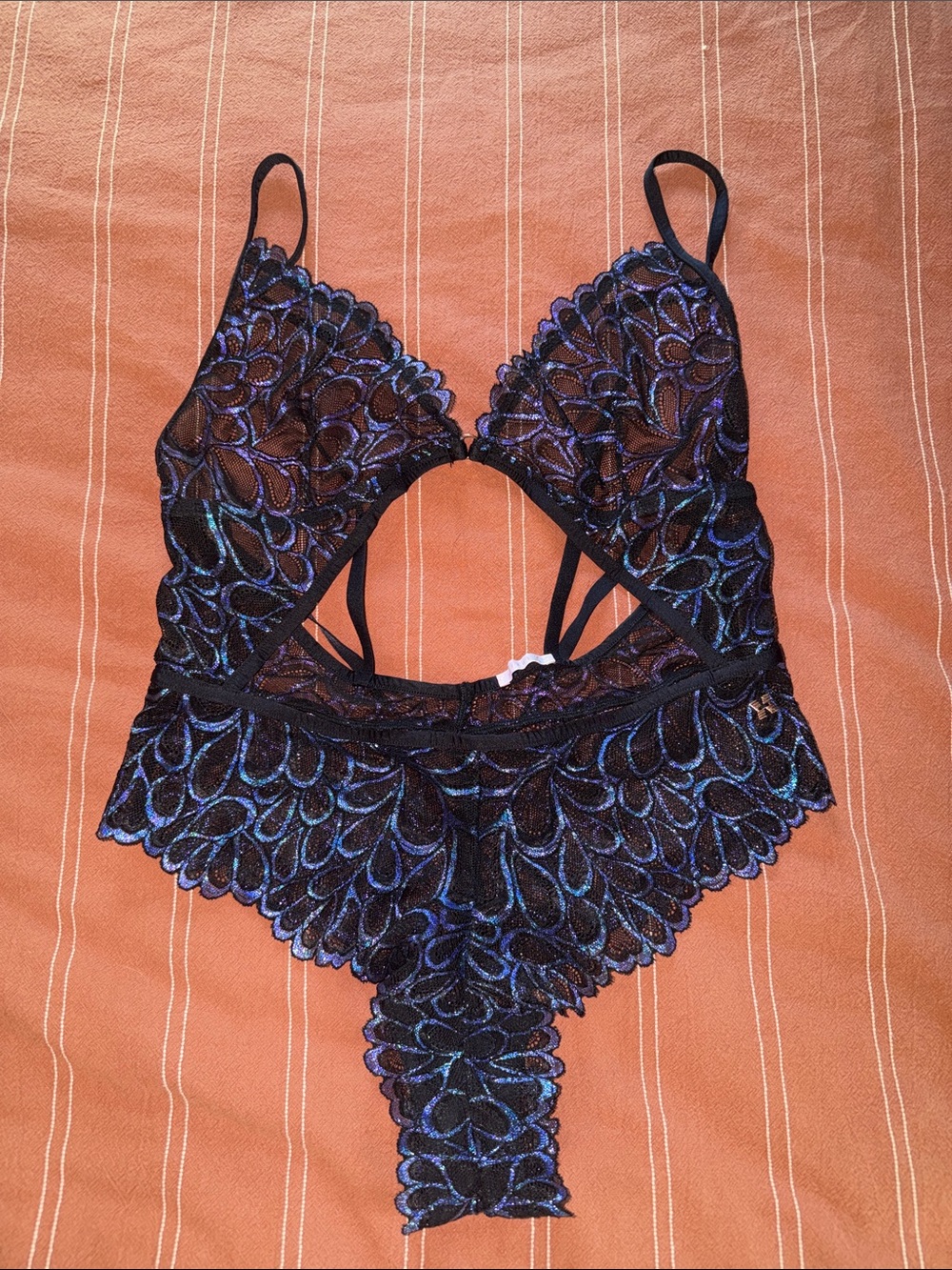 Savage X Fenty Black Lace Teddy with Iridescent Purple Accents